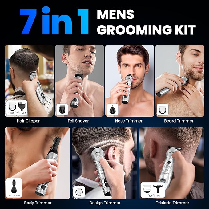 Ufree Beard Trimmer for Men, 7 in 1 Electric Shavers Razor, Cordless Hair