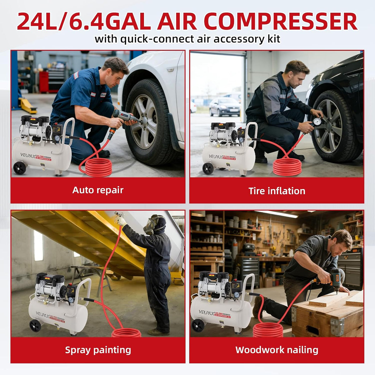 Ultra Quiet Air Compressor, Only 60dB, 6.4 Gallon Tank, Oil-Free, 110V/60Hz 2HP, 6.71CFM@115PSI, Air Compressor Perfect for Spray Painting, Auto Repair, Tire inflation, Woodwork nailing