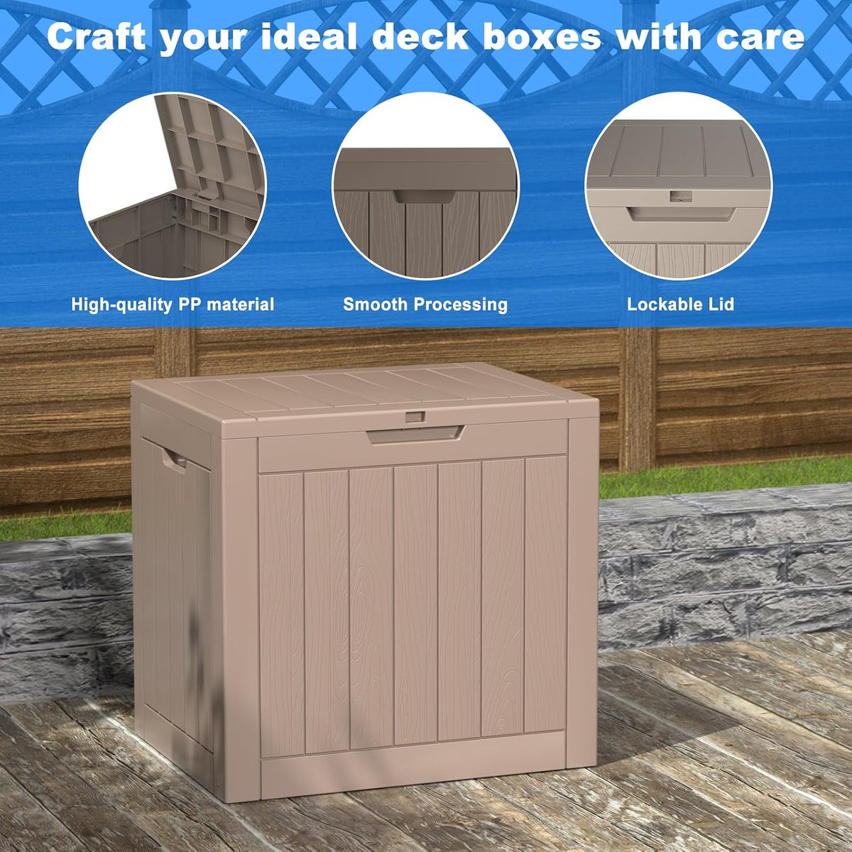 36 gallon outdoor deck box, lockable waterproof outdoor, close-up detail