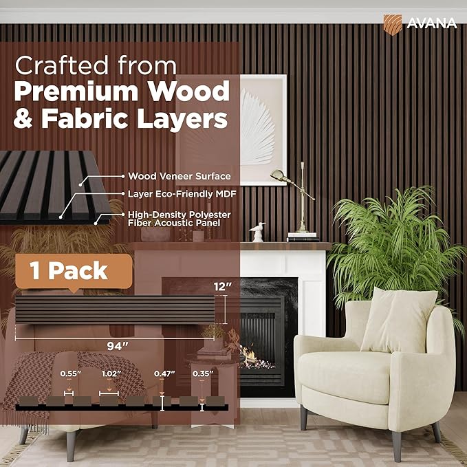 Avana Modern Acoustic Wood Wall Panels – 94.4x12.6 Inch Dark Walnut Acoustic