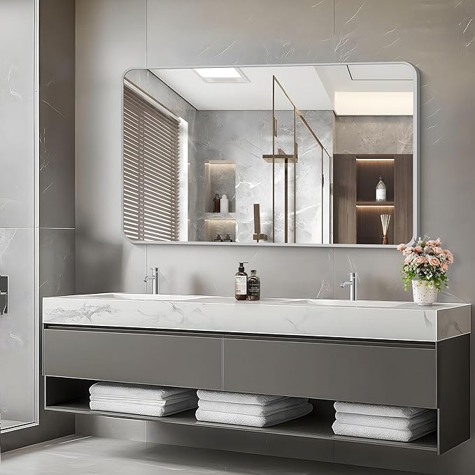 48x30 Inch Silver Bathroom Mirror, Metal Framed Silver Rectangle Mirrors