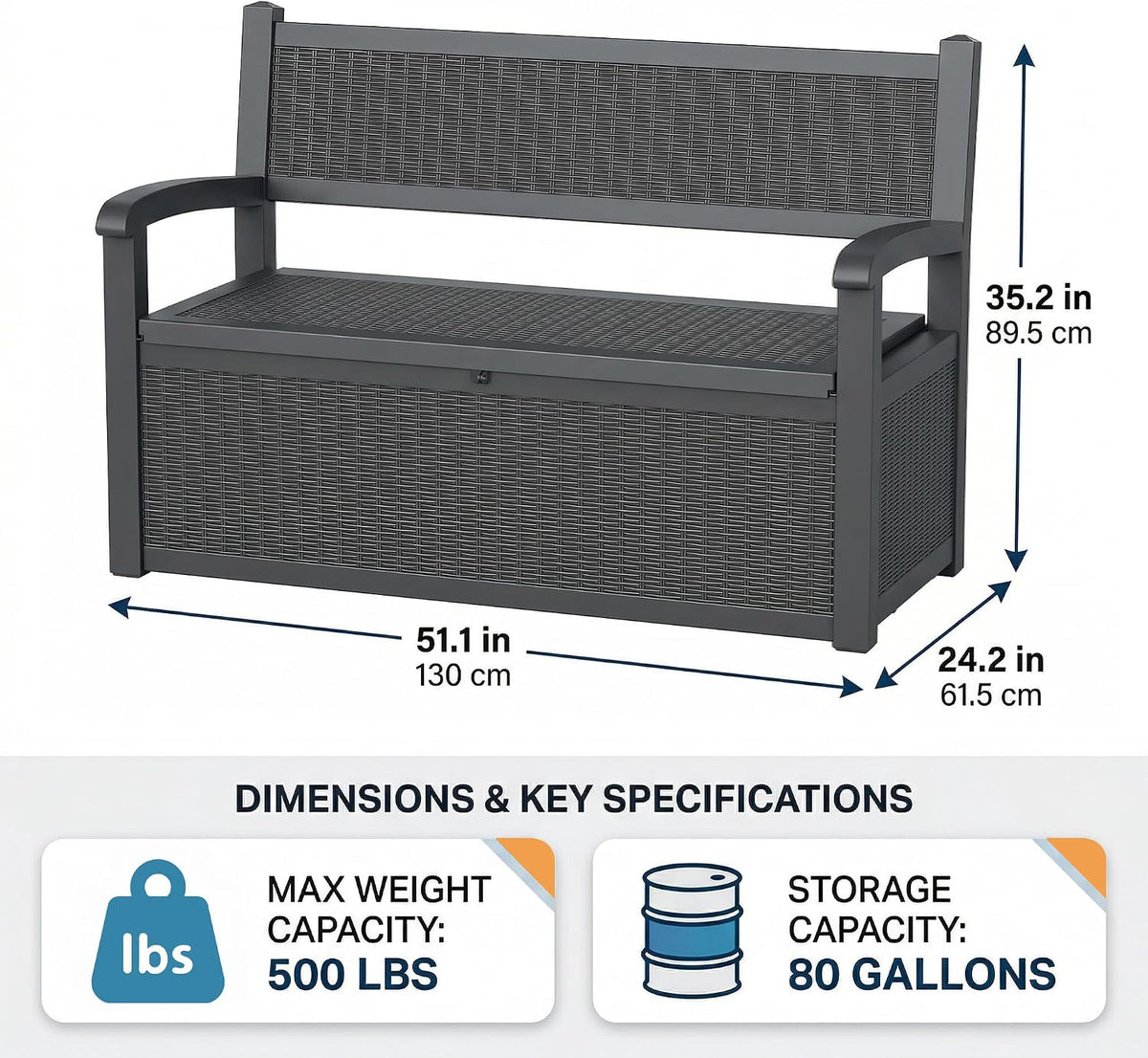 drato 75 gallon storage bench deck box outdoor, close-up detail