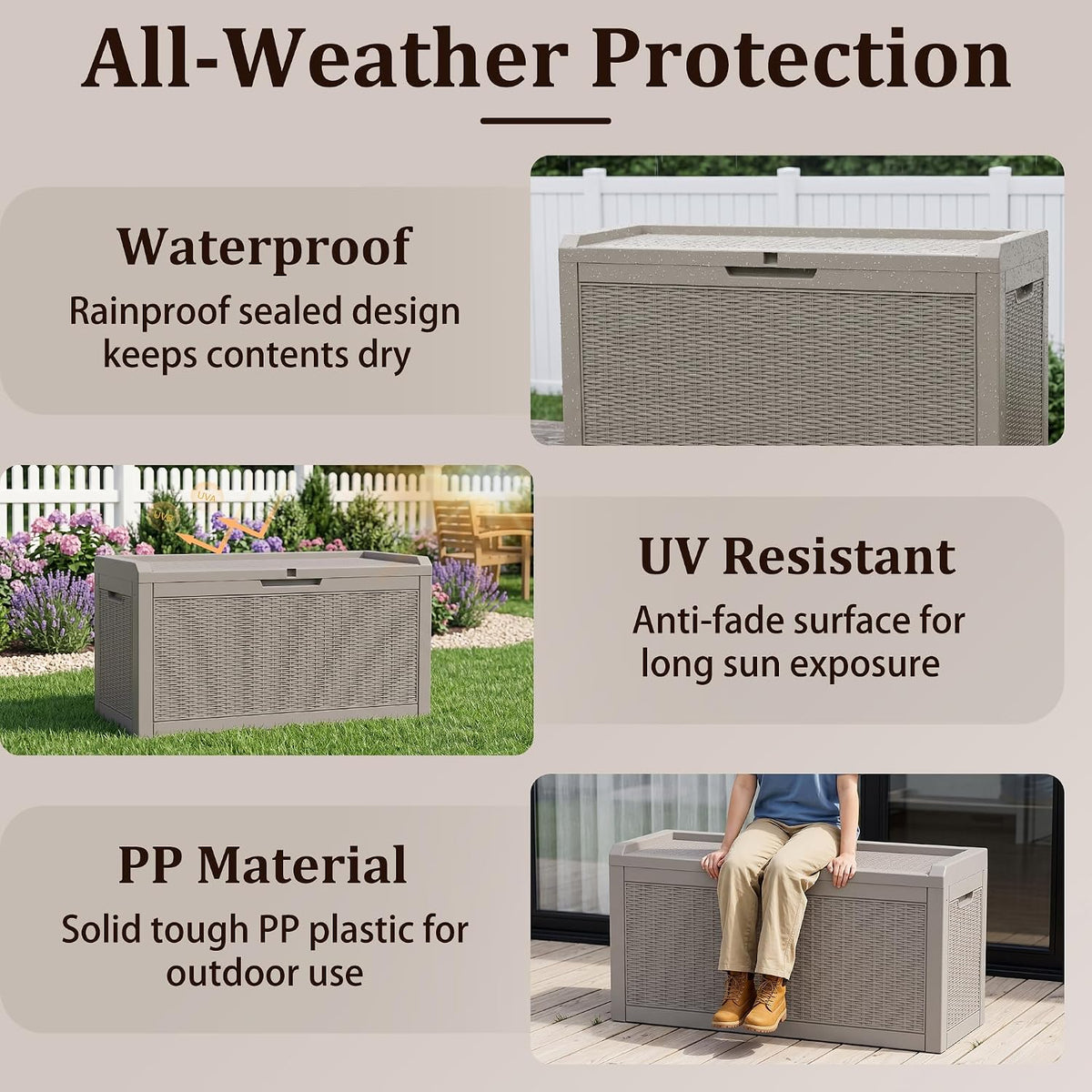 outdoor storage box,90 gallon lockable deck box,grey shown in use