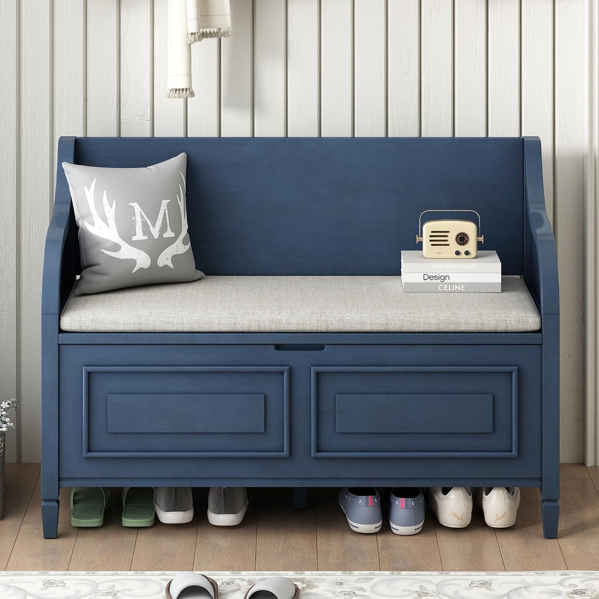 42" Rustic Storage Bench Entryway Bench Shoe Cabinet Ottoman (Antique Navy)
