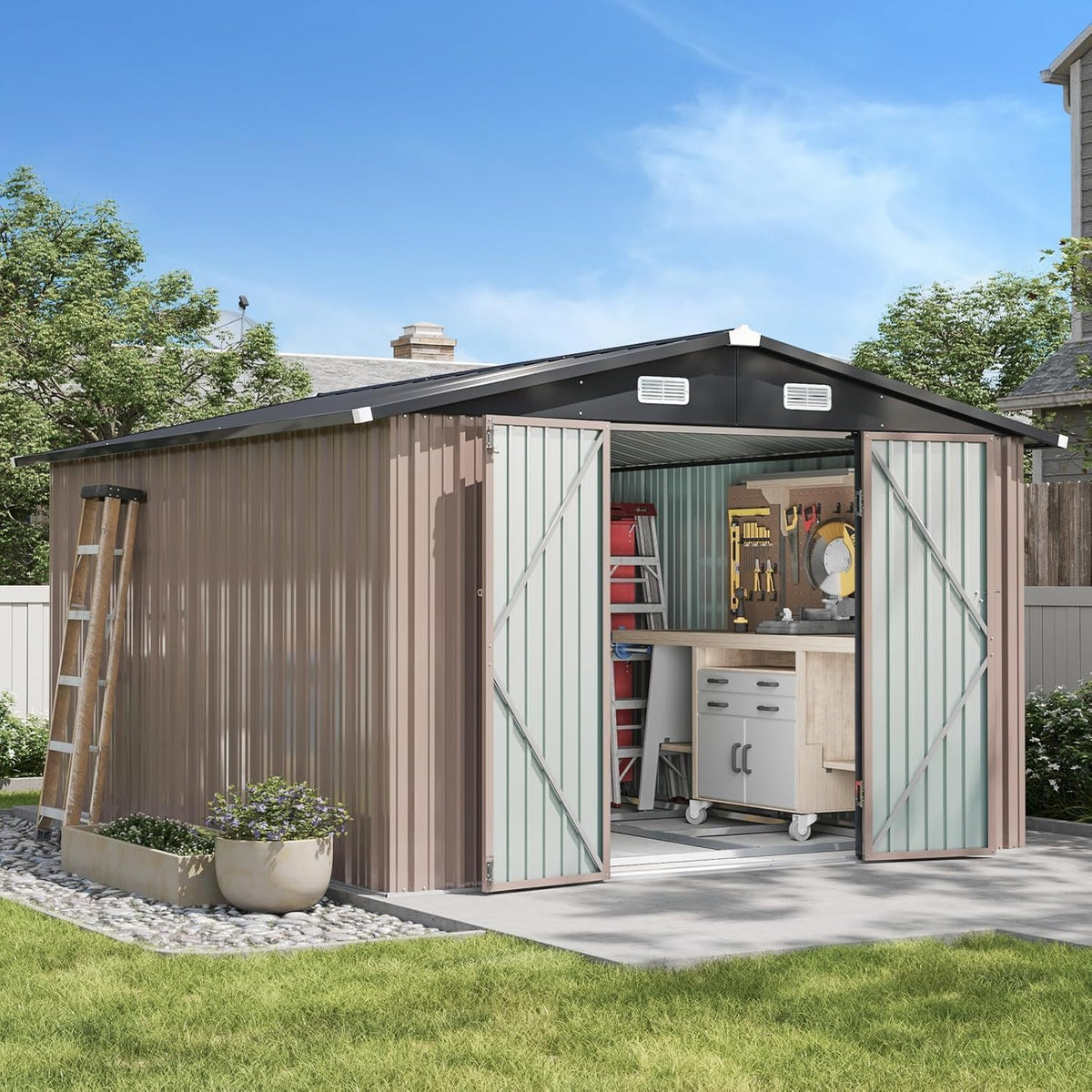 Aoxun 10x12 FT Galvanized Steel Outdoor Storage Shed with Base, Brown