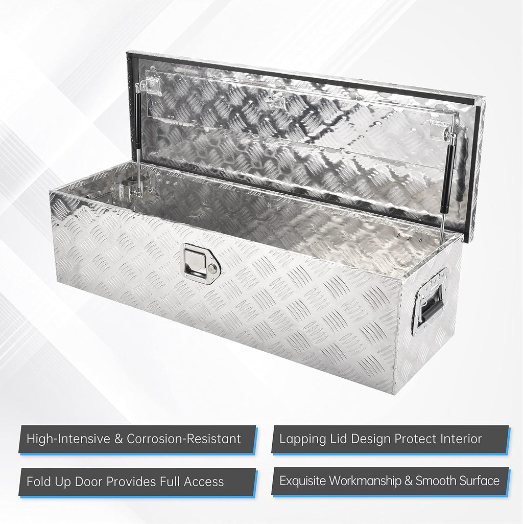 39" aluminum truck tool box with side handle, close-up detail