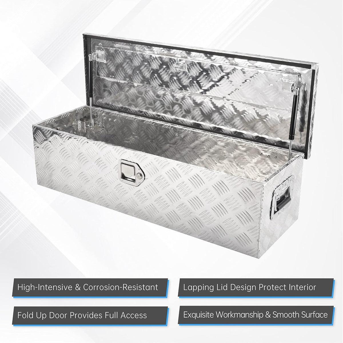 39" aluminum truck tool box with side handle, close-up detail