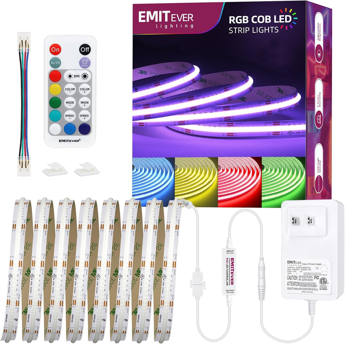 EMITEVER RGB LED Strip Light 16.4ft, Dimmable COB 24V Flexible LED Color