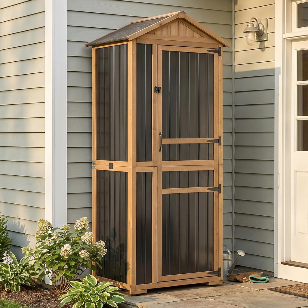 Outdoor Storage Cabinet, Extra-Tall Shed with Removable Shelf for Long Tool