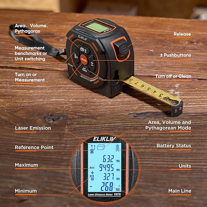 Laser Tape Measure 2-in-1, 197Ft Laser Distance Meter & 16Ft Digital Tape