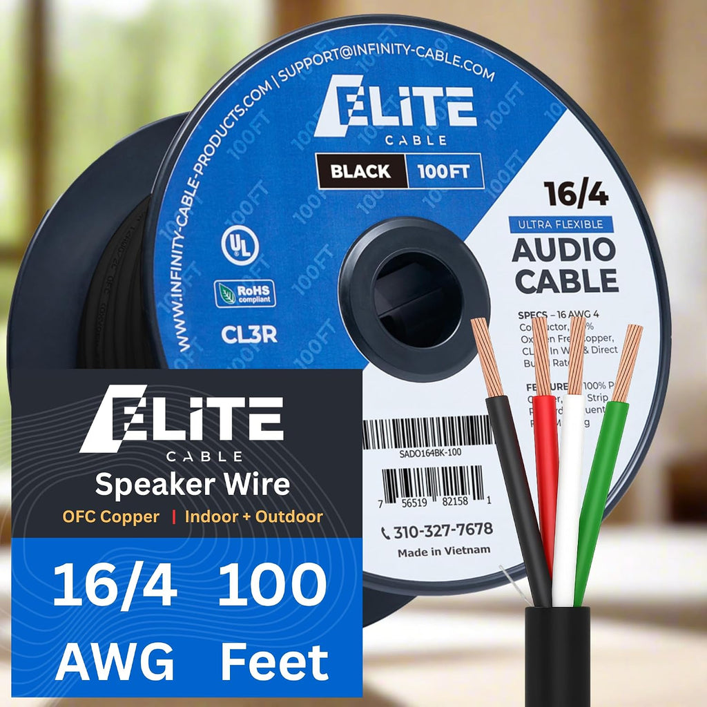 Elite 16/4 Speaker Wire 100ft, UL Listed,
