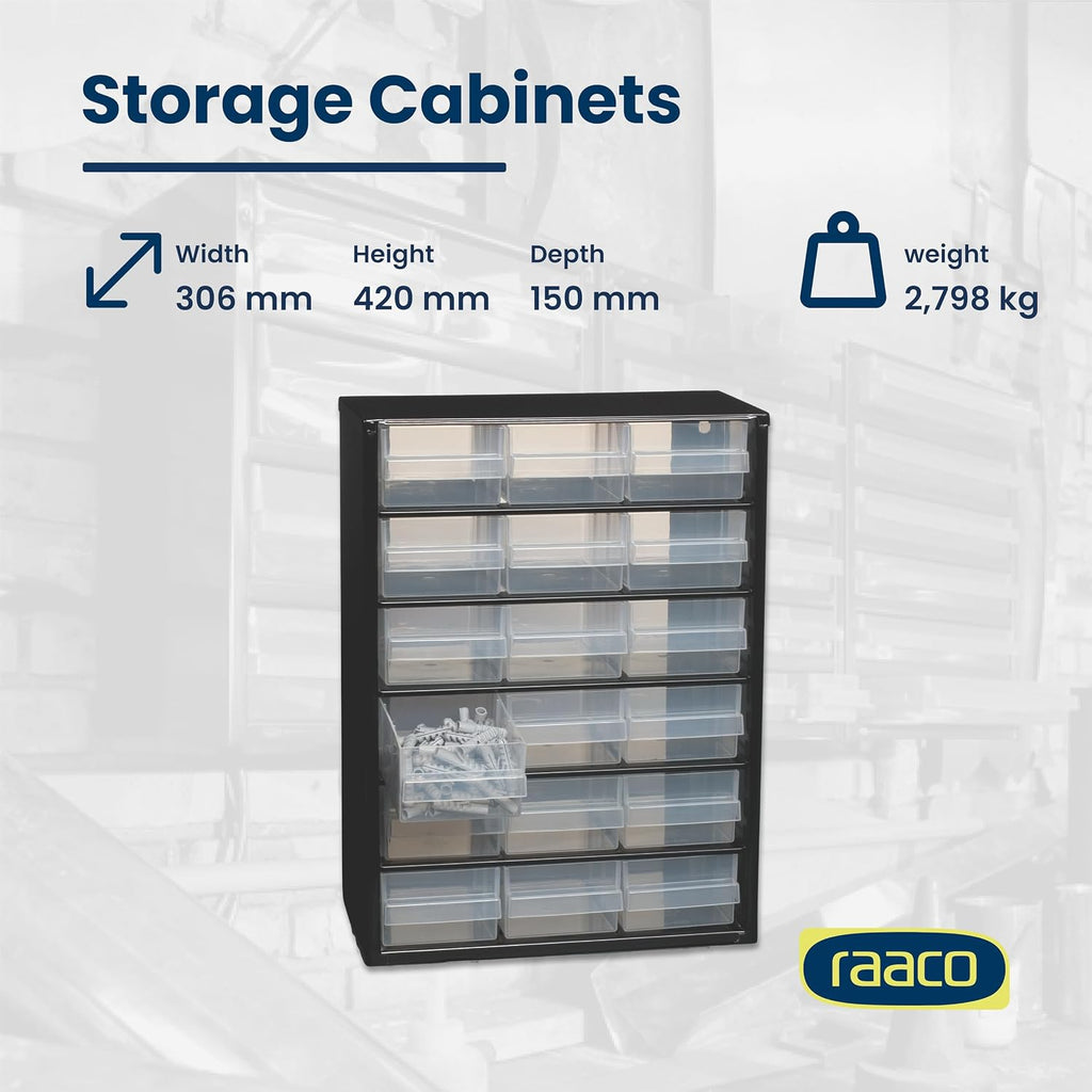 raaco steel storage cabinet, standard 18-drawer (c9-18), side view