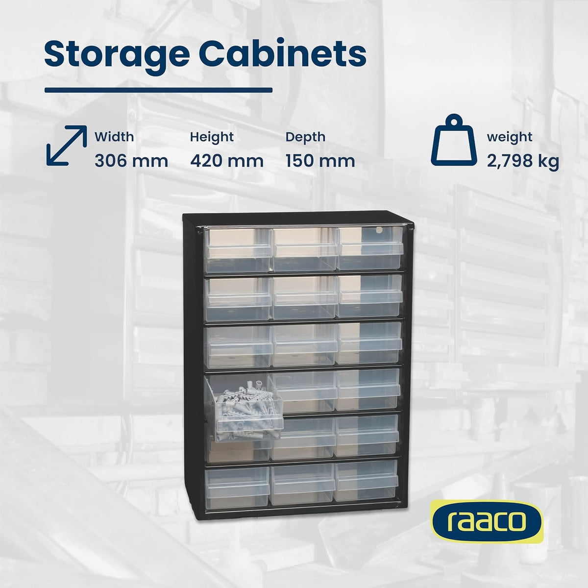 raaco steel storage cabinet, standard 18-drawer (c9-18), side view
