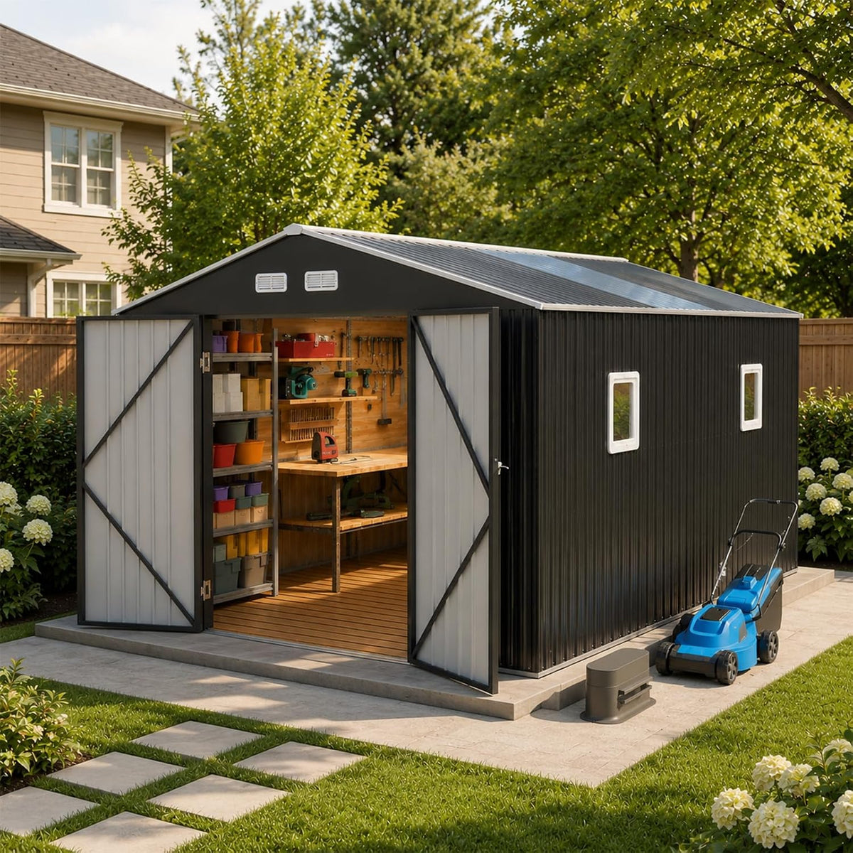K Knowbody 10x10 FT Metal Storage Shed, 20-Gauge Frame with Double Doors