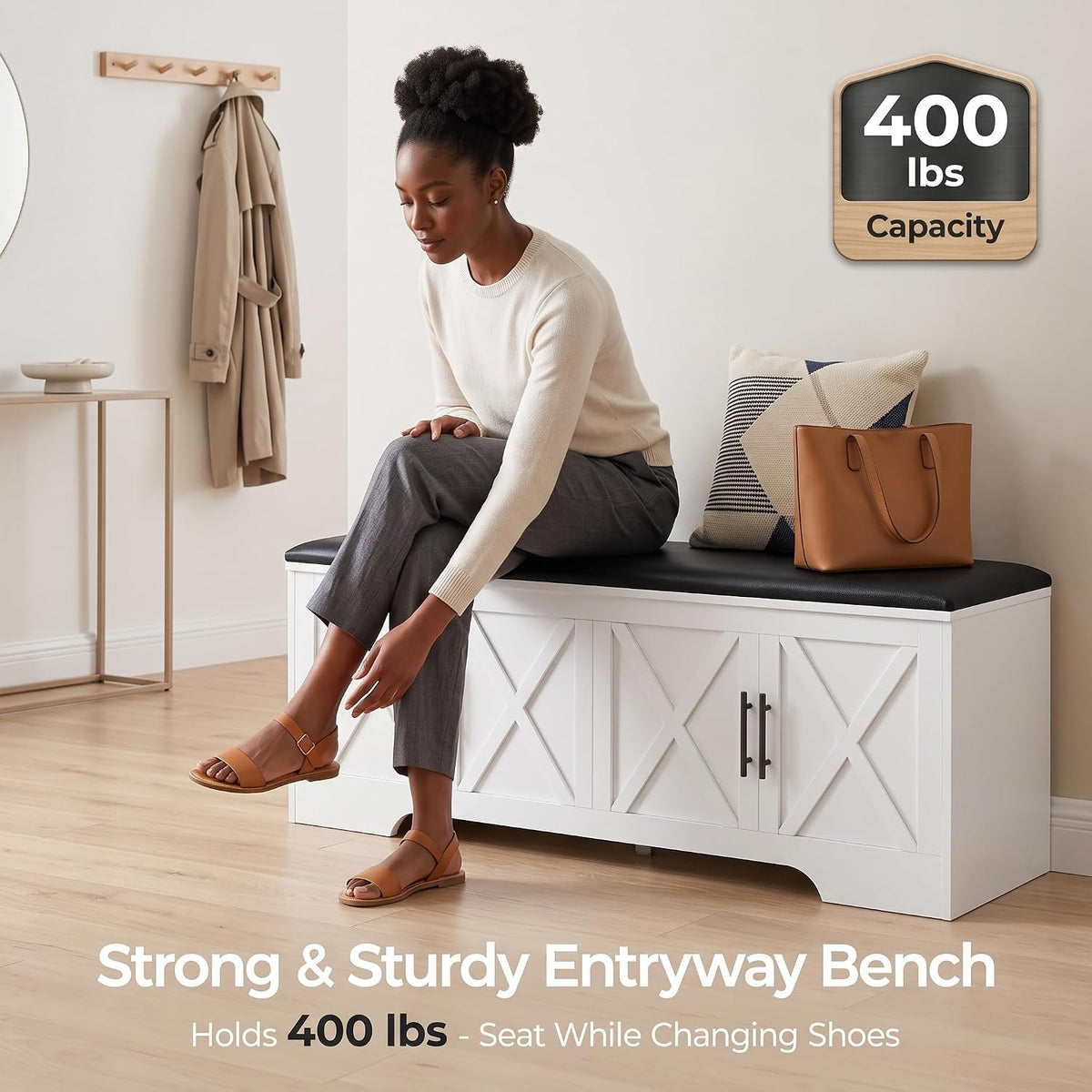 DreamDashio Storage Bench with Cushion, 47.2" End of Bed Storage Bench with Lift Top, Window Bench Seat with Storage for Bedroom, Mudroom, Entryway, Living Room & Hallway, White