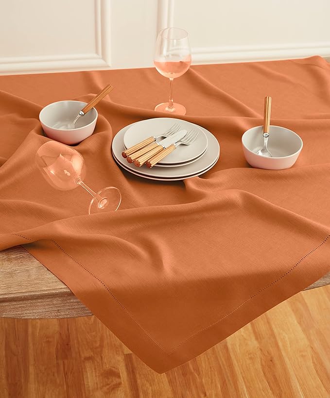 Solino Home Linen Square Tablecloth 52 x 52 Inch - 100% Pure Linen Pumpkin Table Throw - Classic Hemstitch, Machine Washable Table Cloth for Fall, Autumn, Halloween, Thanksgiving, Holiday