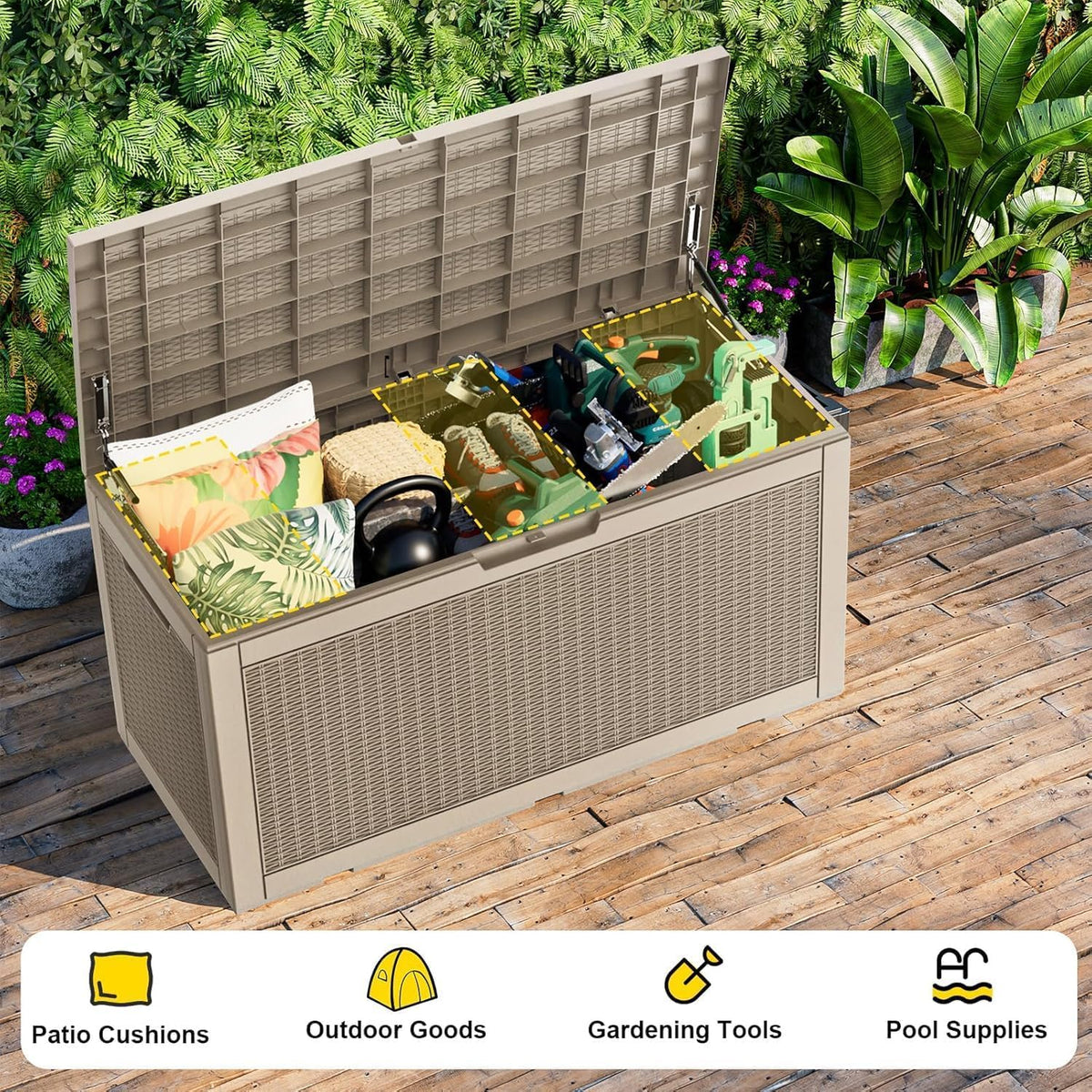 170 gallon resin deck box, lockable waterproof uv‑resistant showing dimensions