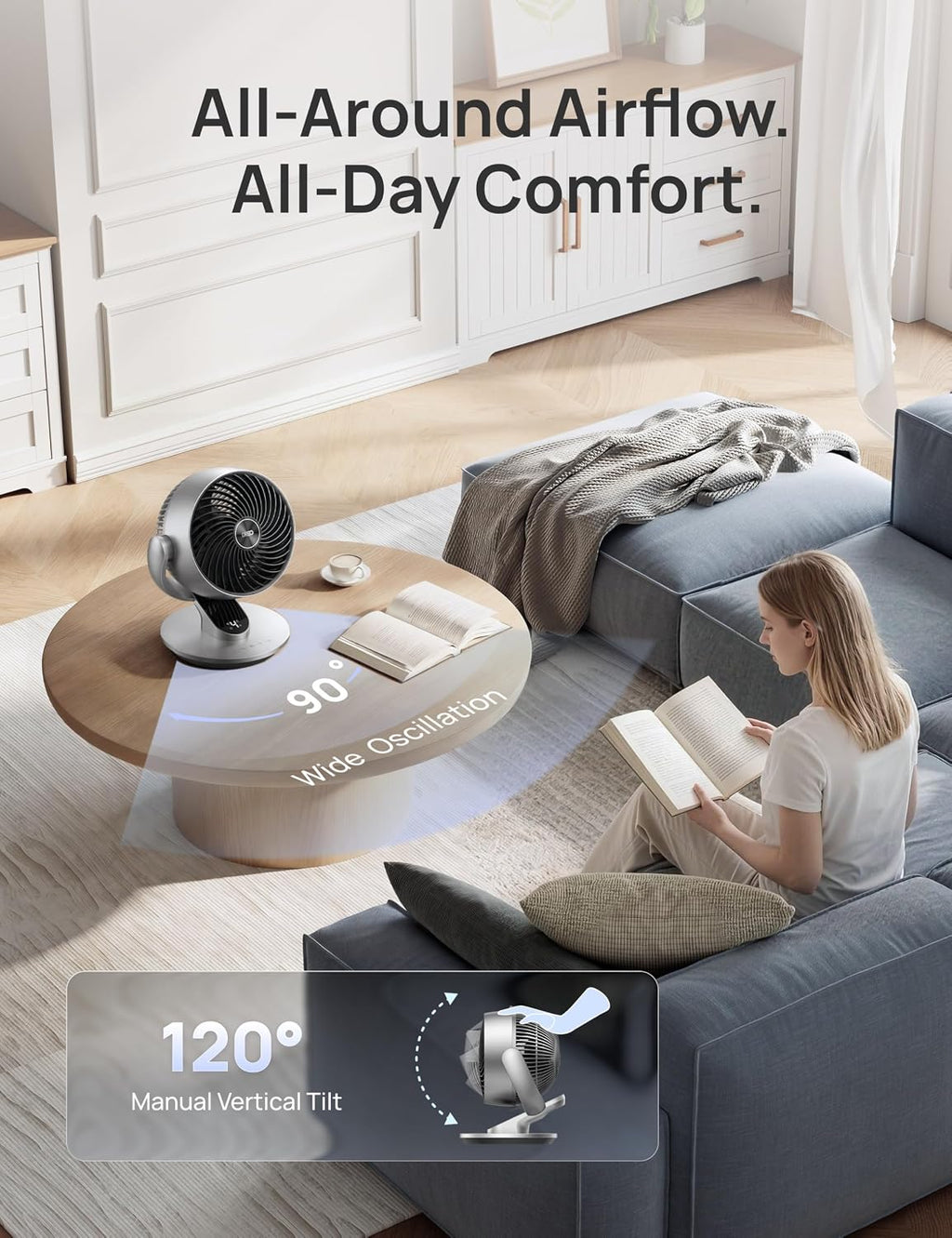 dreo smart fan for bedroom, 120° vertical and showing dimensions
