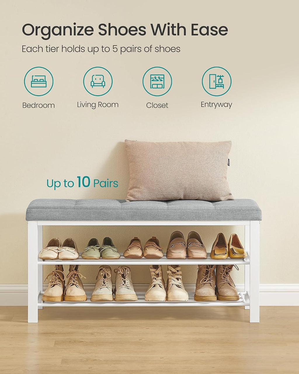 songmics shoe bench, storage bench, entryway bench with showing dimensions