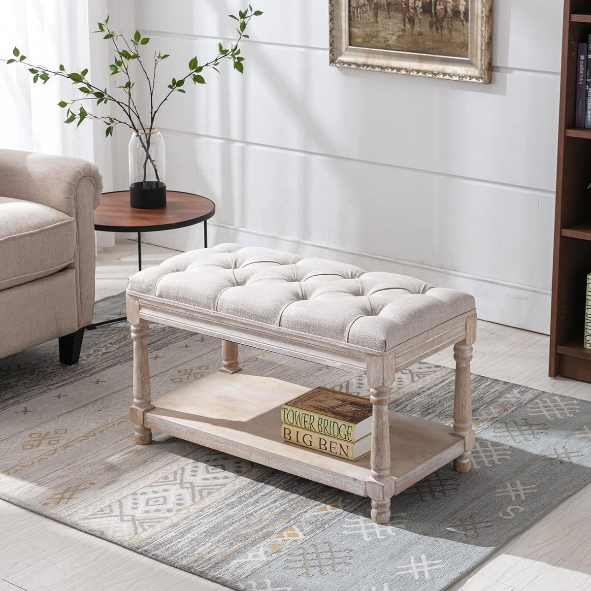 farmhouse storage bench wooden entryway linen upholstered ottoman showing dimensions