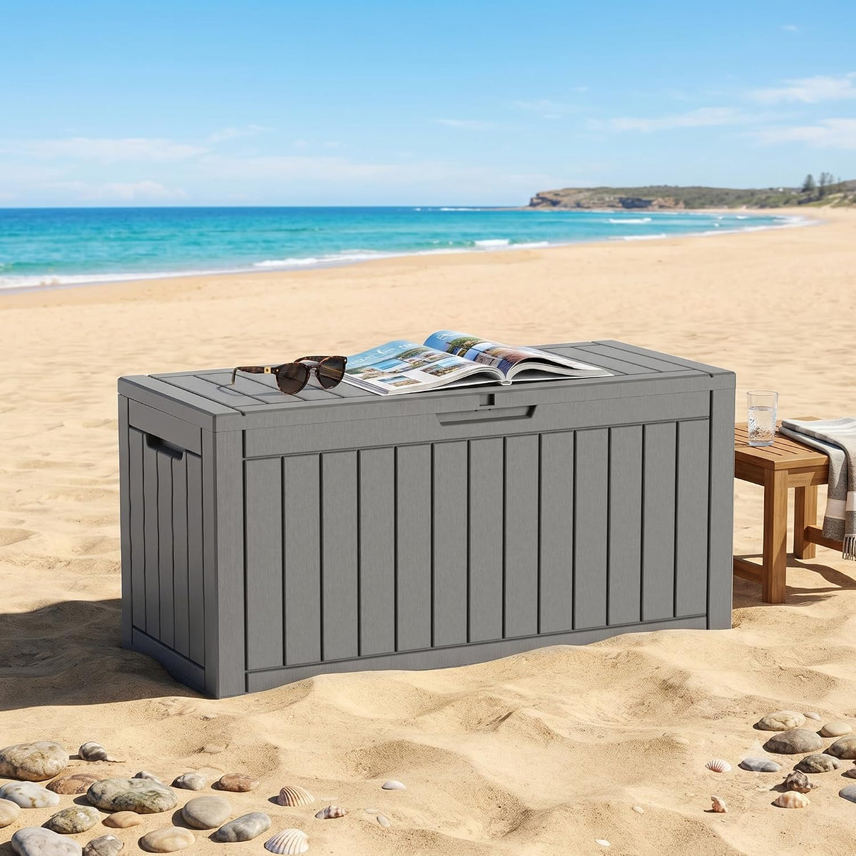 patiozen 150gal resin storage box, lockable waterproof deck on a desk or shelf