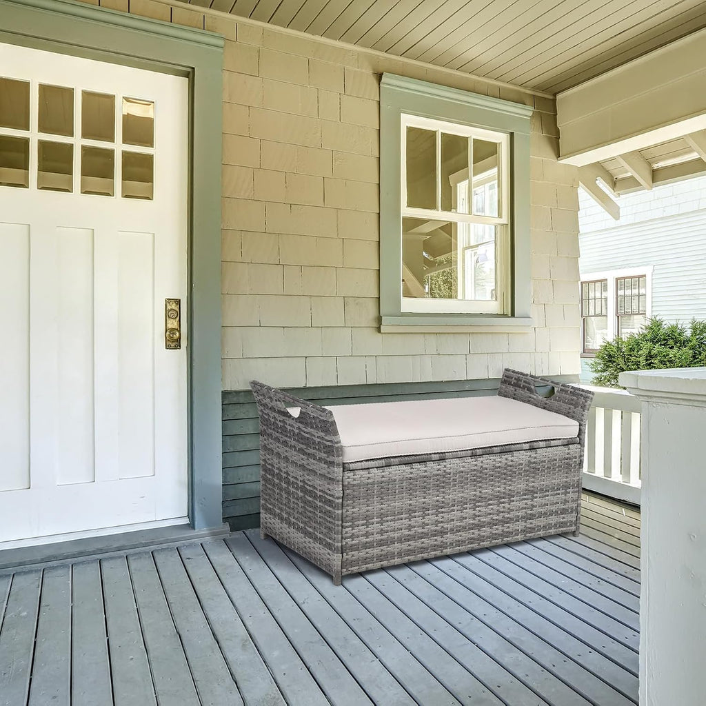 vingli 40 gallon wicker storage bench, patio cushion shown in use