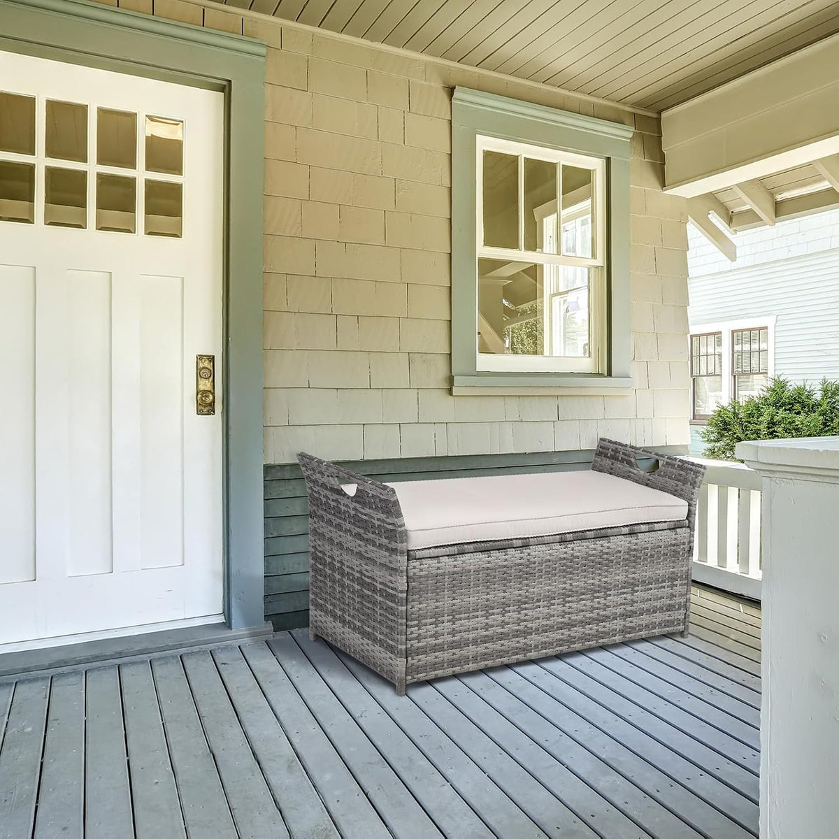 vingli 40 gallon wicker storage bench, patio cushion shown in use