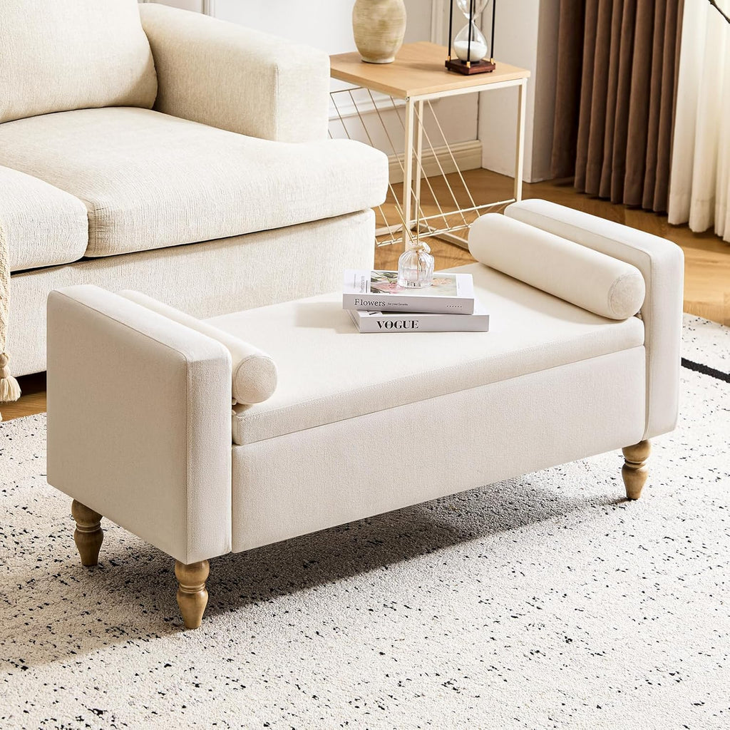 Storage Ottoman Bench, Upholstered End of Bed Bench Linen 45.7" Beige