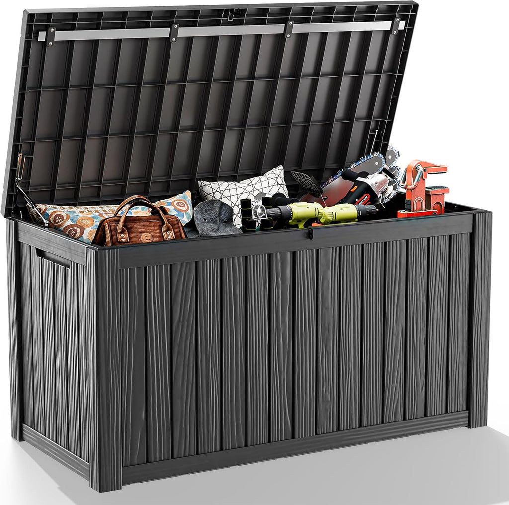 180 Gallon Resin Outdoor Deck Box Waterproof Patio Furniture, Garden Tools, Cushions, Pool Accessories Outside Storage (Black, 180 Gallon)