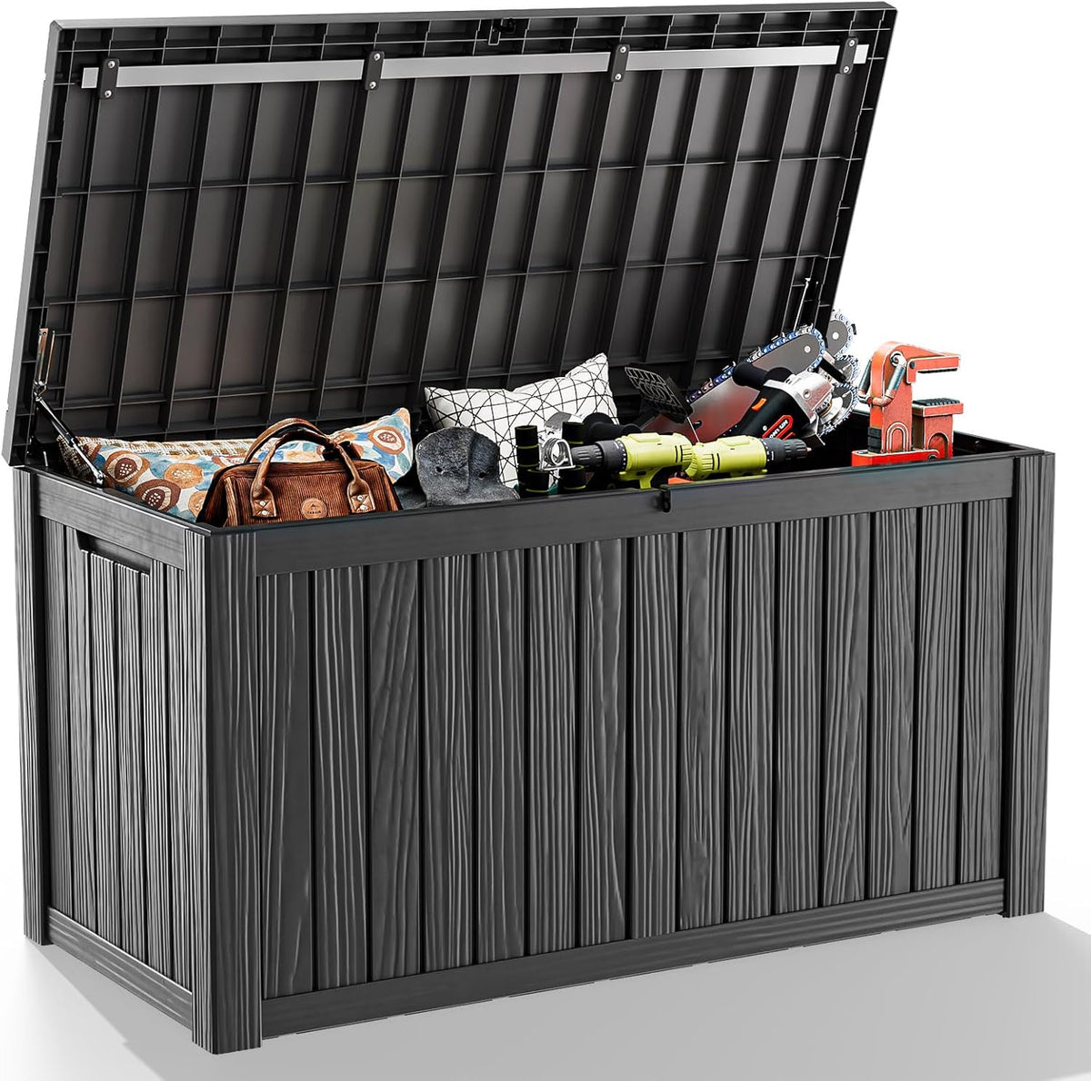180 Gallon Resin Outdoor Deck Box Waterproof Patio Furniture, Garden Tools, Cushions, Pool Accessories Outside Storage (Black, 180 Gallon)