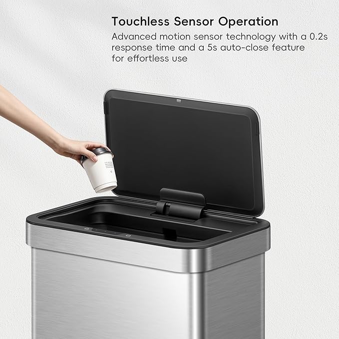EKO Nova Sensor Trash Can, 21 Gallon/80 Liter Stainless Steel Rectangular