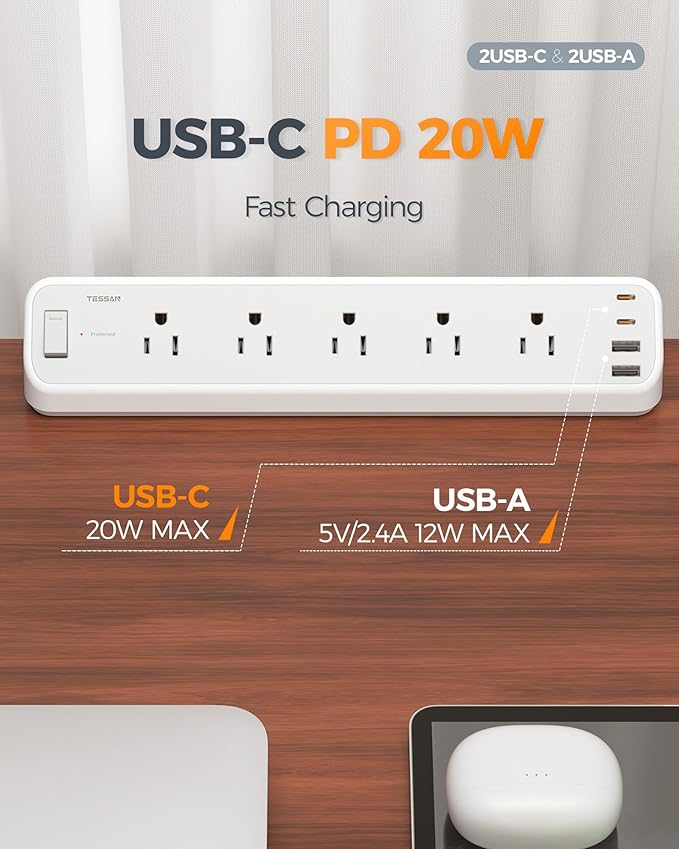 TESSAN Desk Clamp Power Strip 6 Ft, 2100J Surge Protector, 5 Outlets and 4 USB