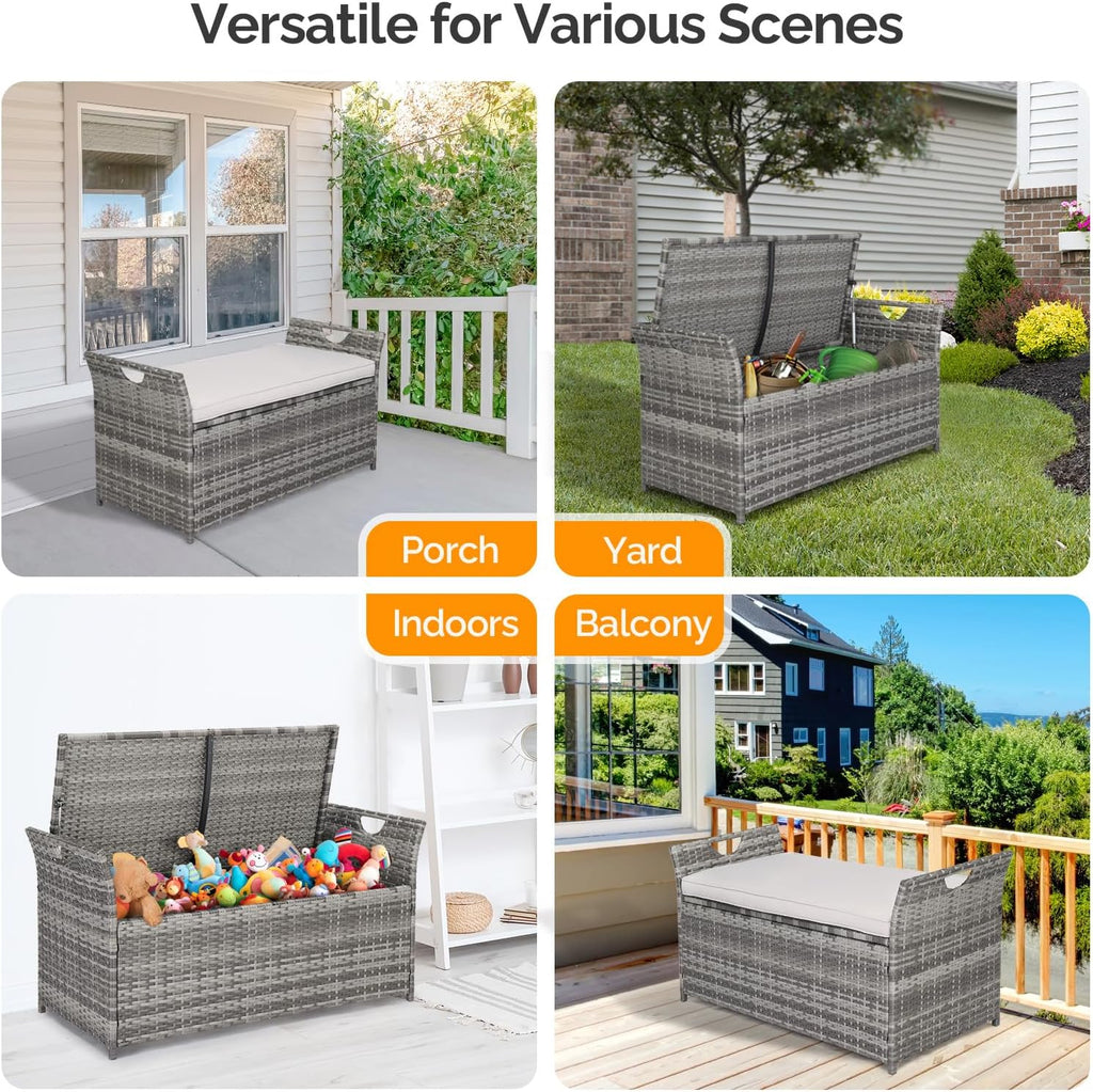 vingli 40 gallon rattan deck box with cushion on a desk or shelf