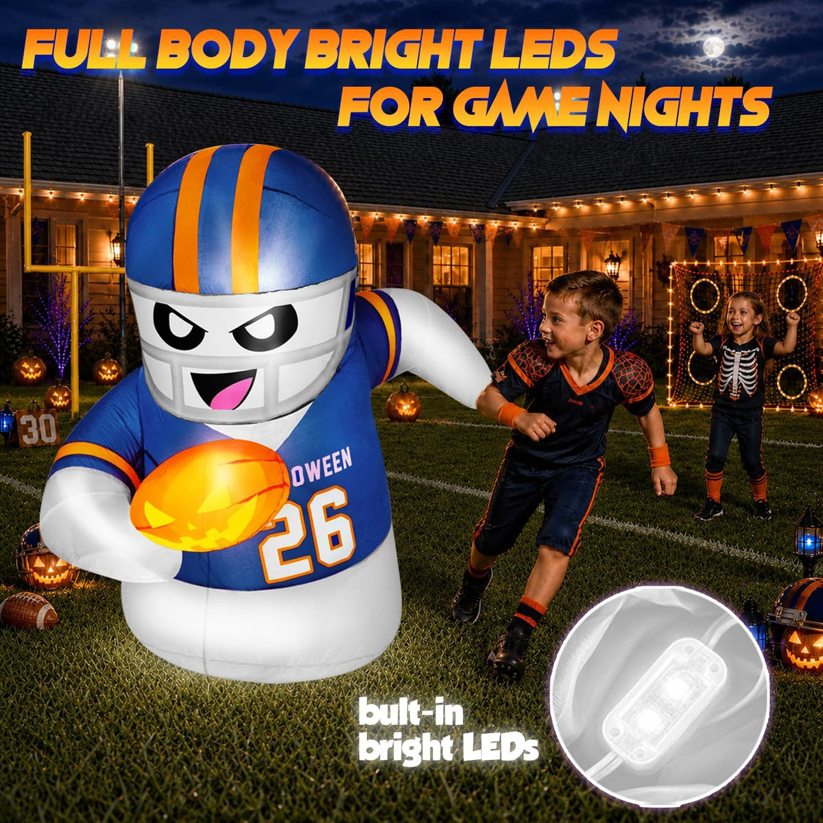 5FT Halloween Inflatables Decorations Outdoor Football Player Ghost Built-in Full-Body Bright LEDs Cute Halloween Blow Up Yard Decoration with Pumpkin Sports-Themed Blowups Lawn for Party