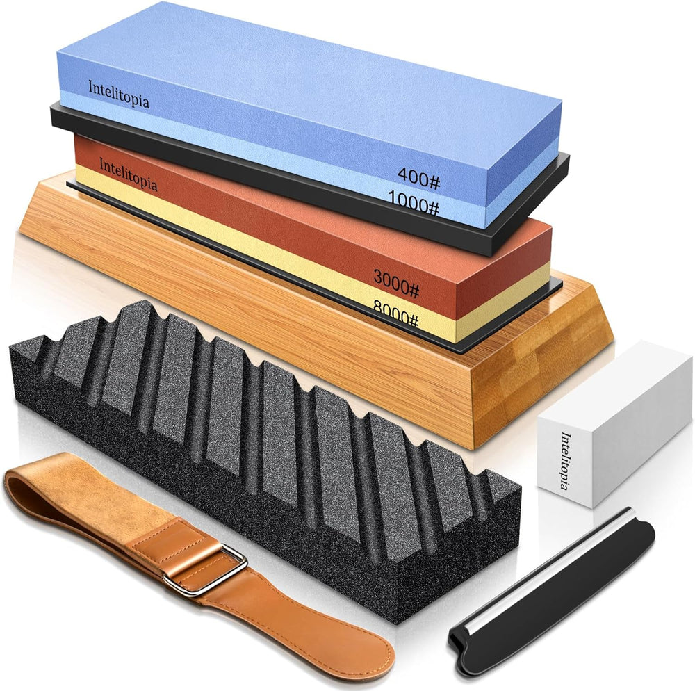 Intelitopia Complete Knife Sharpening Stone Set – Dual Grit Whetstone 400/100...