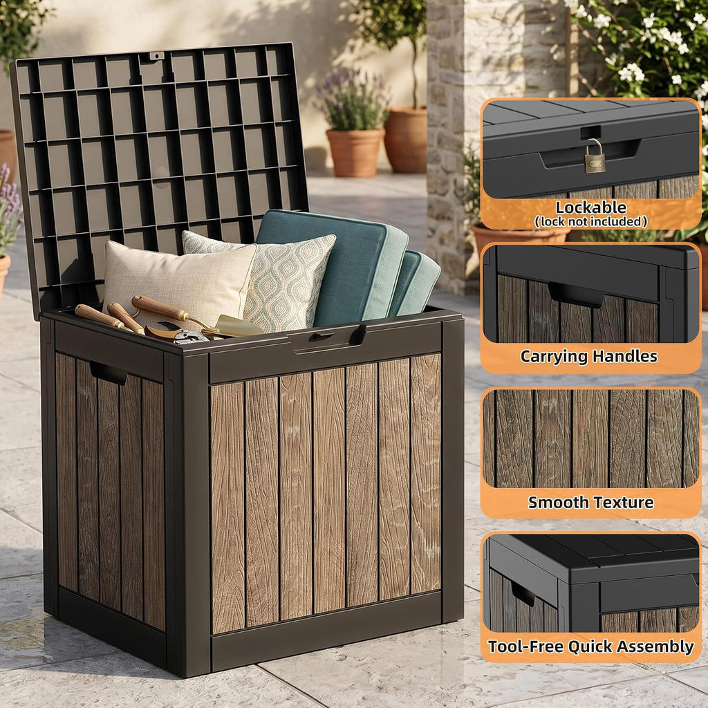 40 gallon outdoor deck box, lockable waterproof resin on a desk or shelf