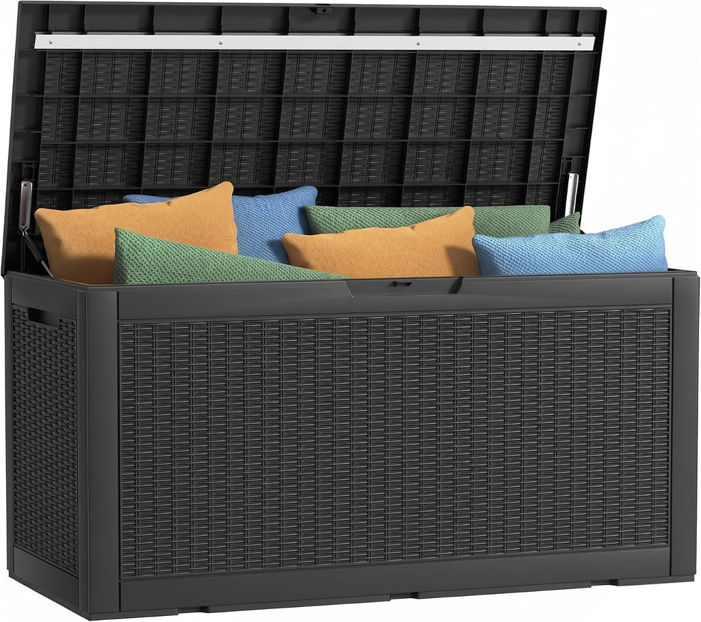 120 Gallon Outdoor Deck Box, Lockable Waterproof Outdoor Storage Boxes For Garden Tools,Indoor Cushions,Accessories Outside Storage Resin Weatherproof Container(Black)