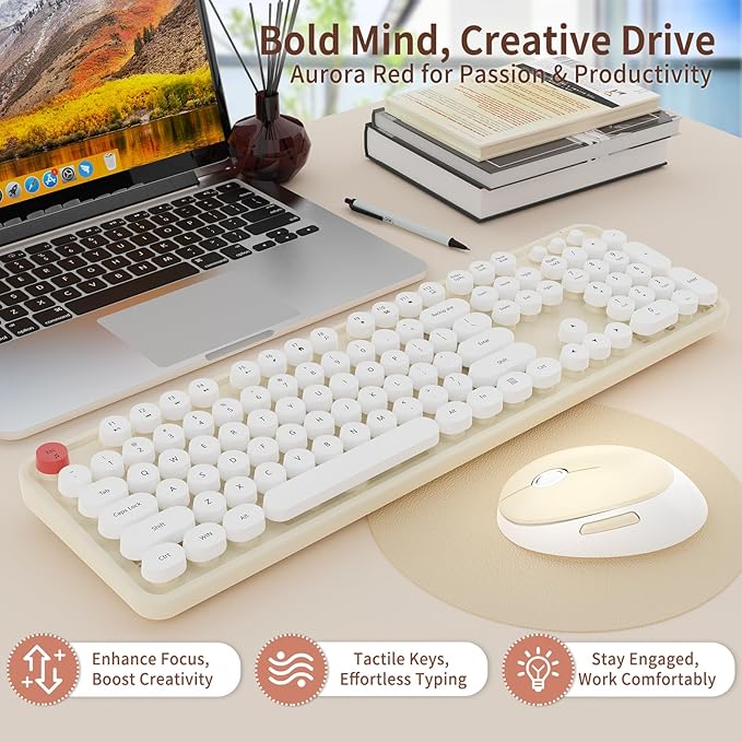 HotFox Wireless Keyboard and Mouse Combo, Full-Size Retro Typewriter Keyboard