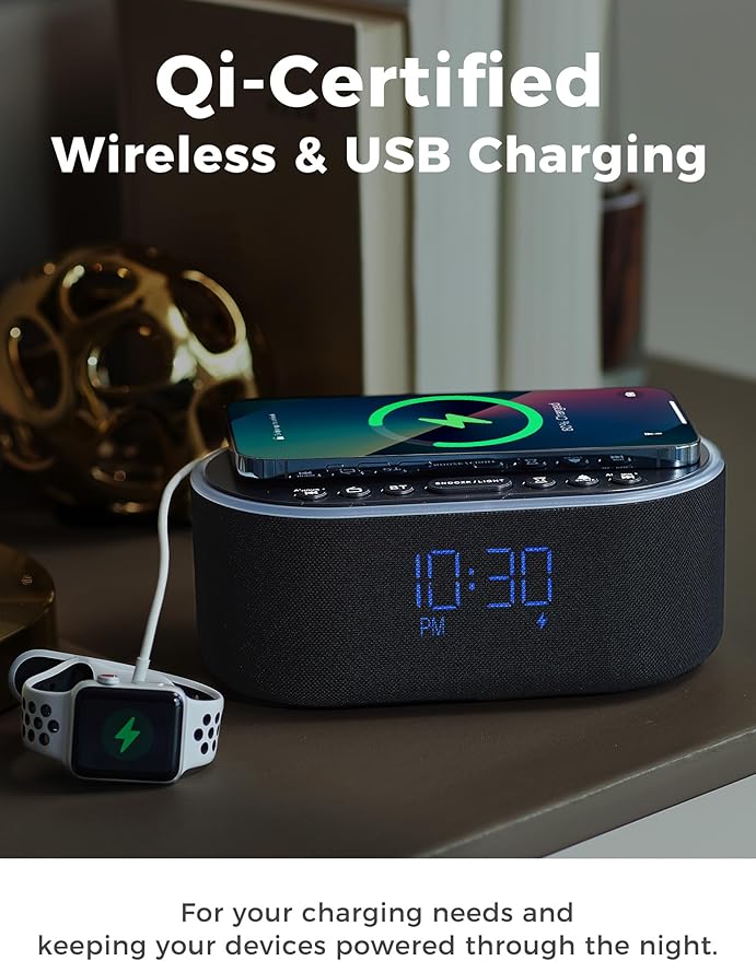 Odokee Wireless Charging Alarm Clock Radio: Qi Certified Fast Wireless Charger