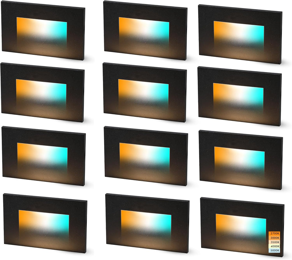 CLOUDY BAY 120V Dimmbale 5 Color LED Indoor Outdoor Step Light,2700K/3000K/3500K/4000K/5000K 3W 50lm,Stair Light,Black,12 Pack