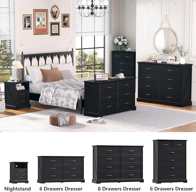 Nightstand with Charging Station Set of 2, Farmhouse Wood Small Dresser