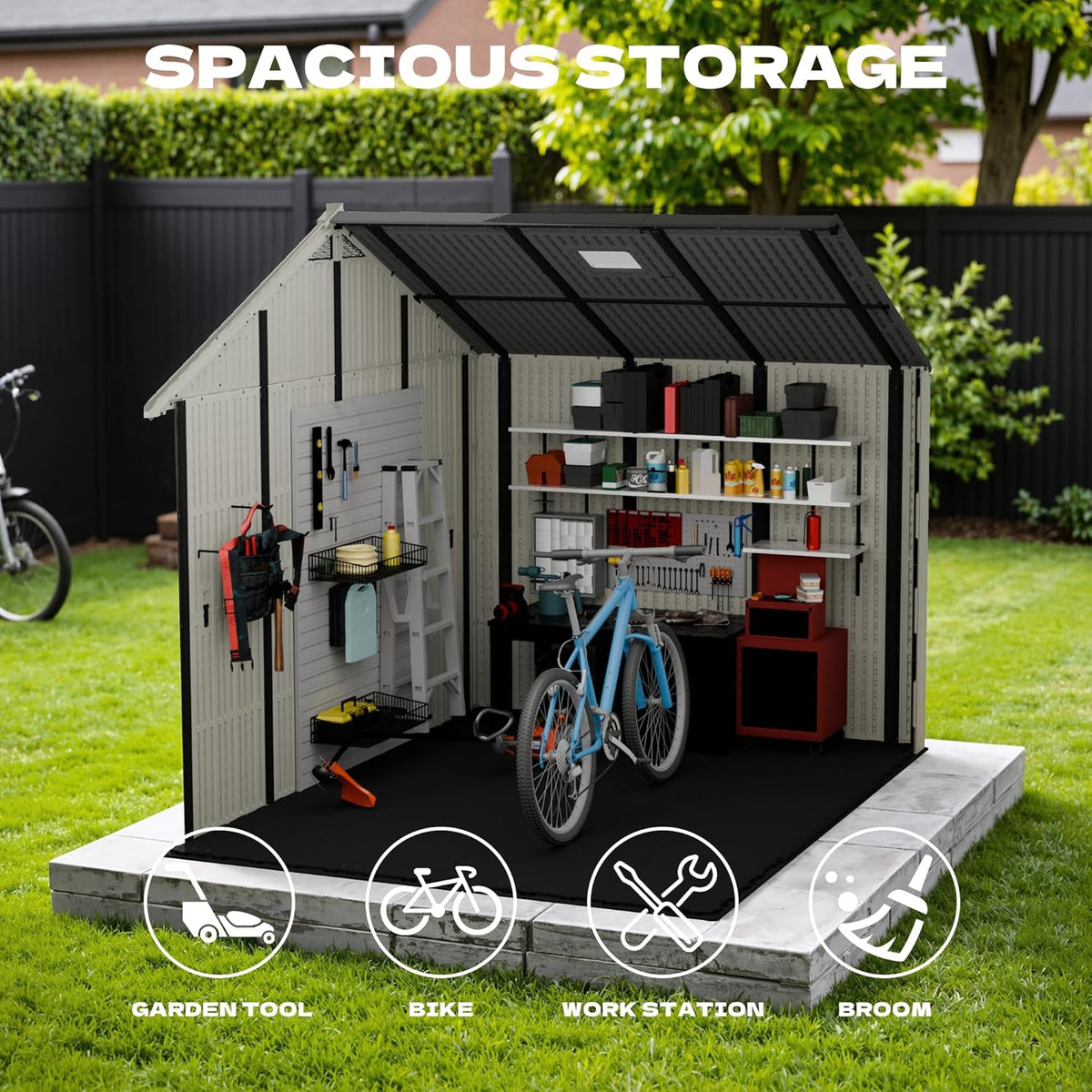 devoko 10x8 ft resin storage shed with floor, side view