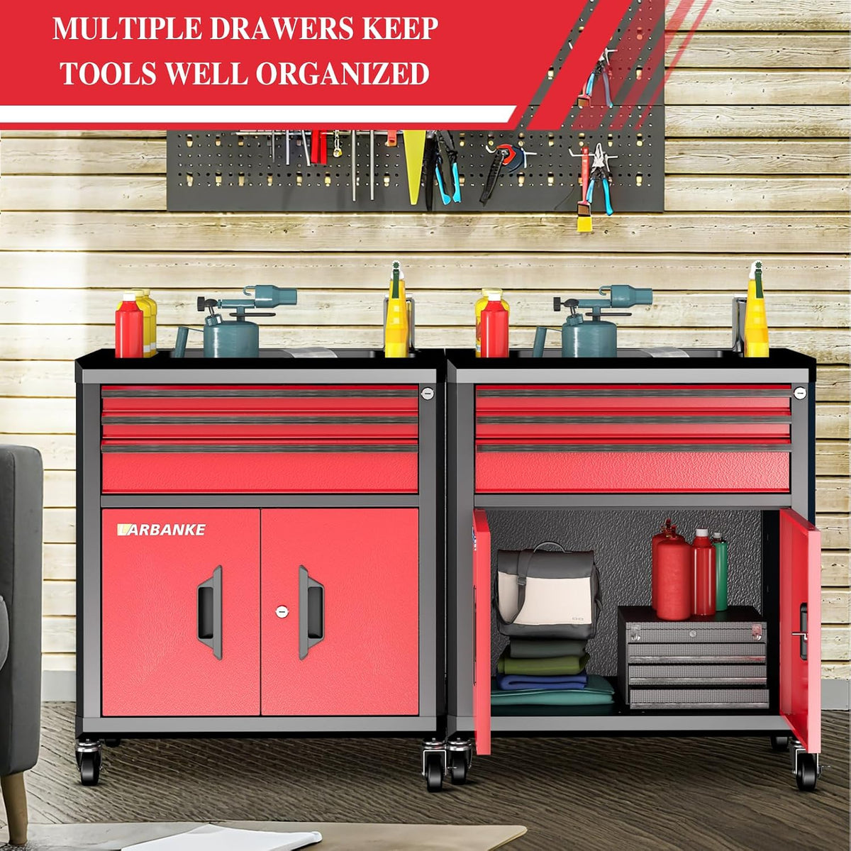 larbanke rolling tool chest with 3 drawers&2 doors,tool shown in use
