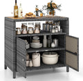 HAPPYGRILL Outdoor Rattan Storage Cabinet, Patio Sideboard Buffet Cabinet with Acacia Wood Countertop, Open Shelf & 2 Door Cabinet, Wicker Storage Organizer for Garden Tools (Mixed Grey)