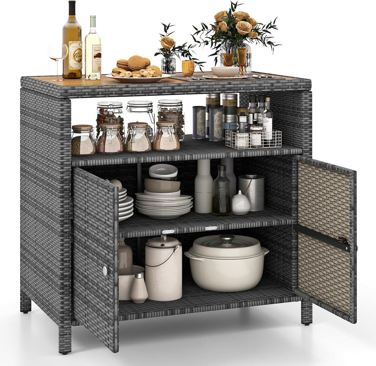 HAPPYGRILL Outdoor Rattan Storage Cabinet, Patio Sideboard Buffet Cabinet with Acacia Wood Countertop, Open Shelf & 2 Door Cabinet, Wicker Storage Organizer for Garden Tools (Mixed Grey)