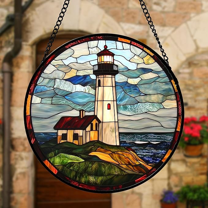 DASTOLL Stained Glass Window Hanging, Ocean Lighthouse Sun Catchers Glass Panel