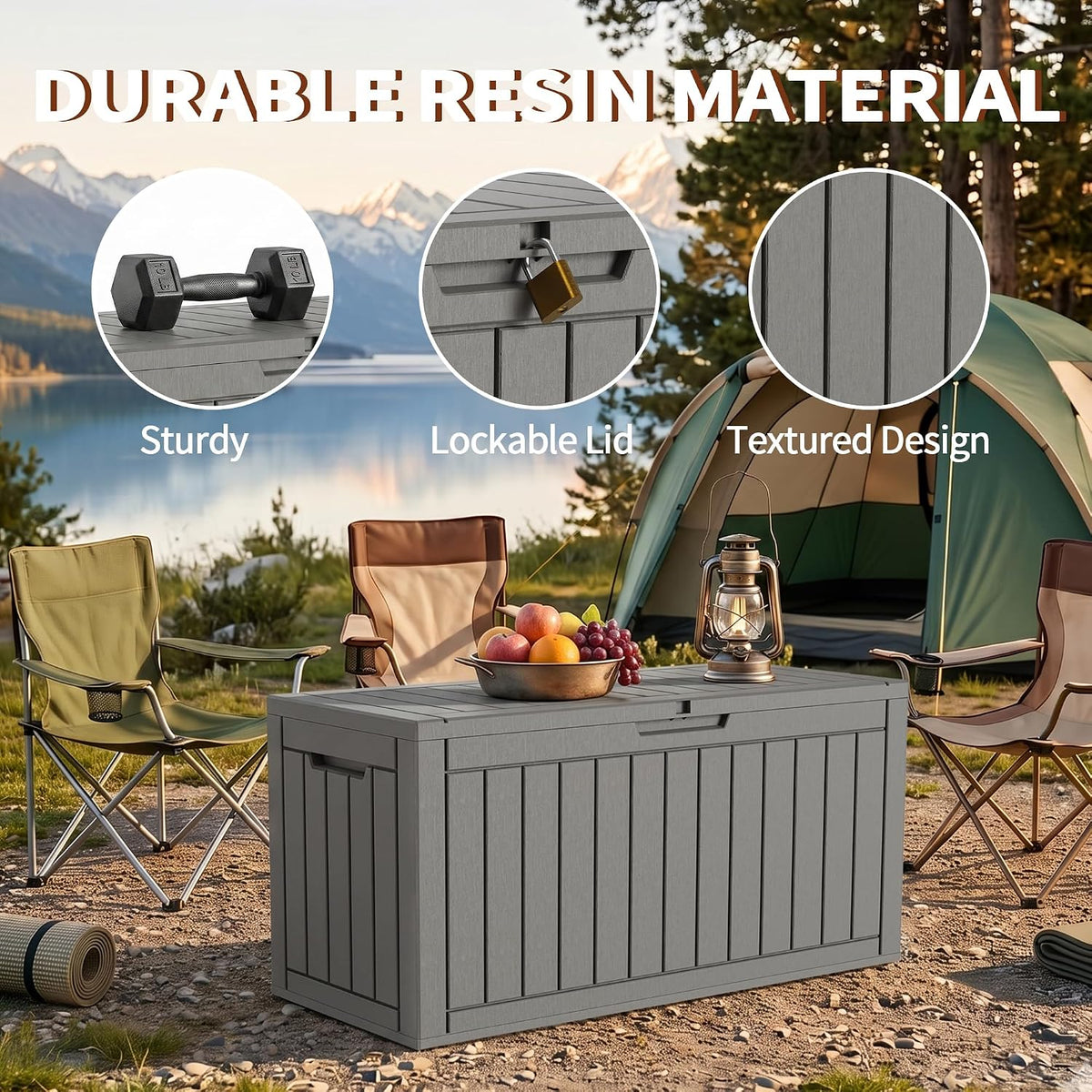 patiozen 150gal resin storage box, lockable waterproof deck, side view