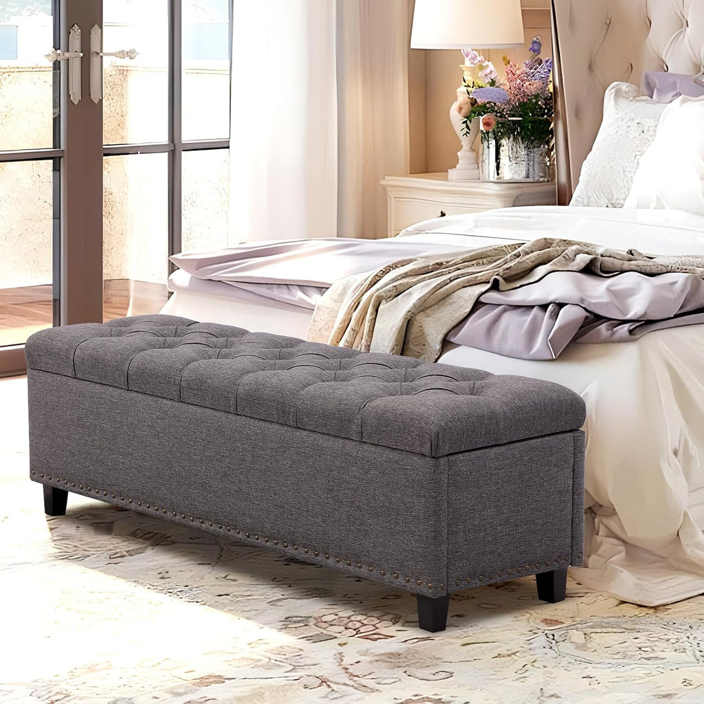 51" Storage Bench for Bedroom, Tufted Storage Ottoman Benchs with Pholstered, Large Long End of Bed Storages Bench Load up to 660 lb, Wooden Legs for Bedroom & Living Room(Gray)