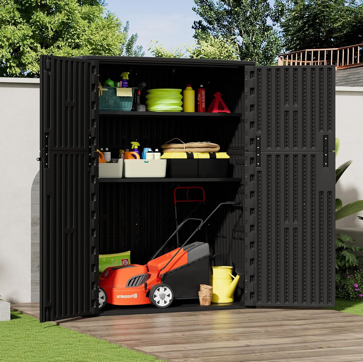 zzm 57 cu.ft outdoor storage shed hdpe storage, side view