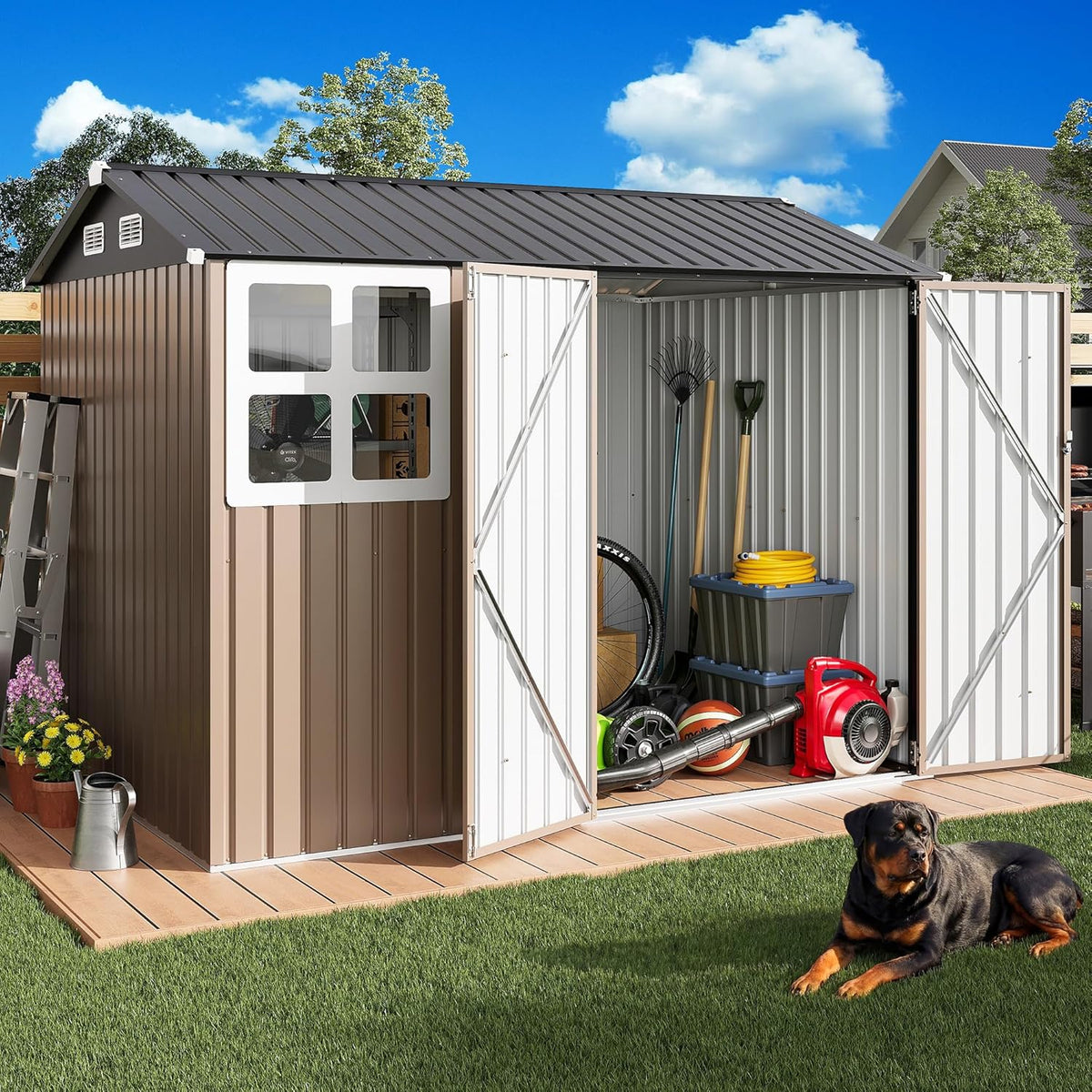IRONCK 8x6FT Outdoor Storage Shed with Clear Window, Outdoor Shed, Brown
